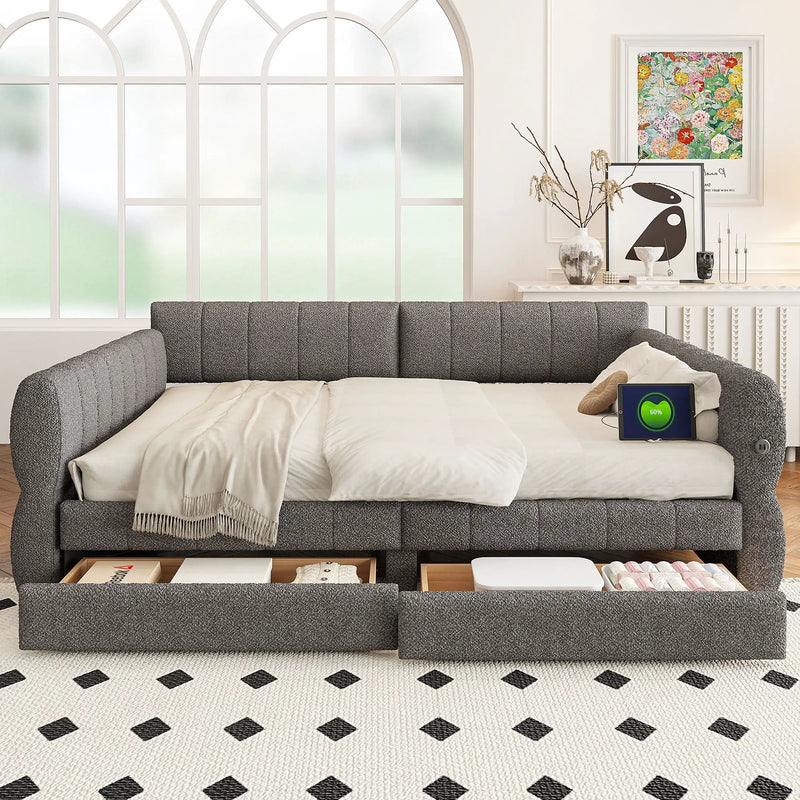 Upholstered Platform Bed With USB Charging And 2 Storage Drawers by HouseOfZazla