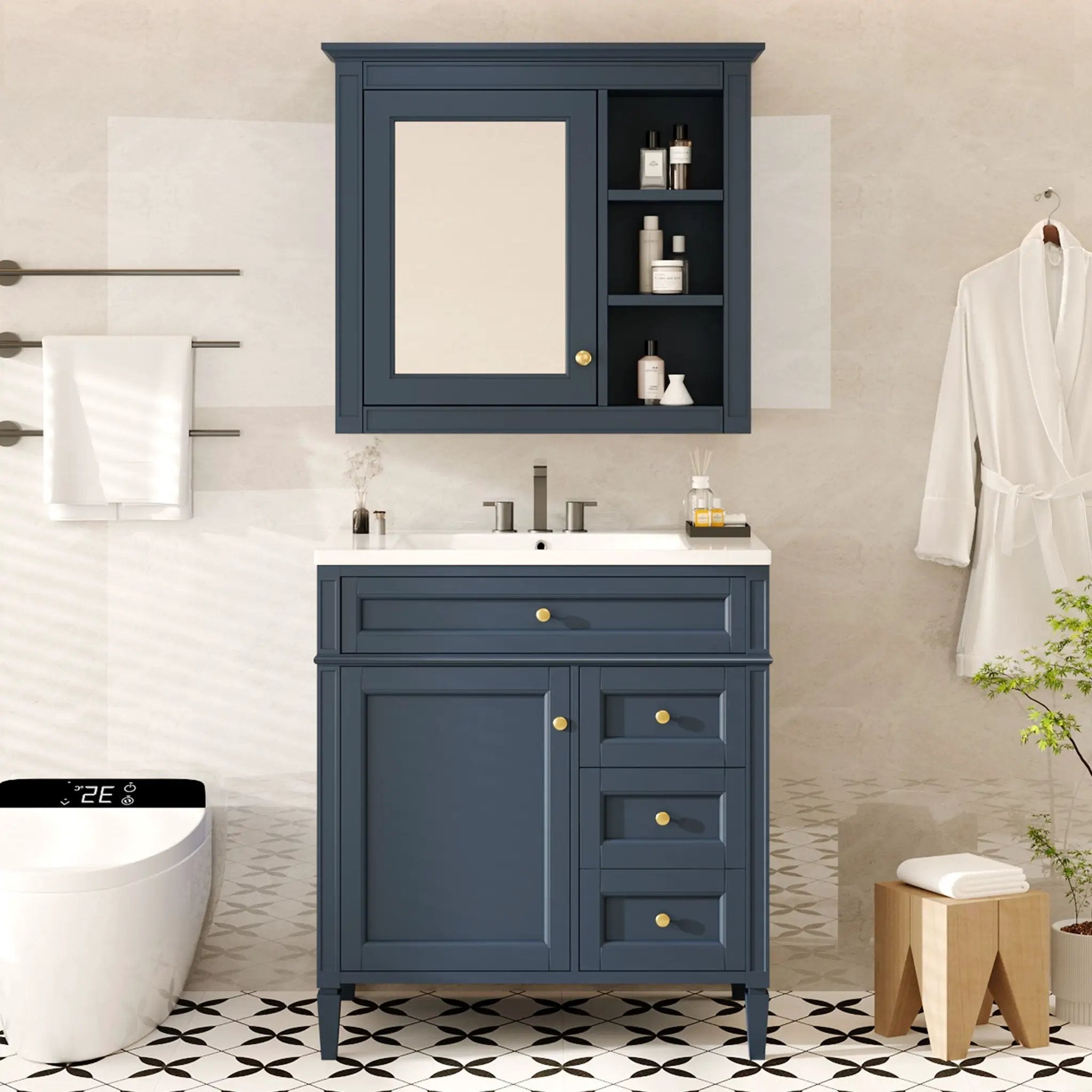 Bathroom Vanity With Top Sink, 2 Doors And 3 Drawers, Freestanding Set With Mirror Cabinet by HouseOfZazla