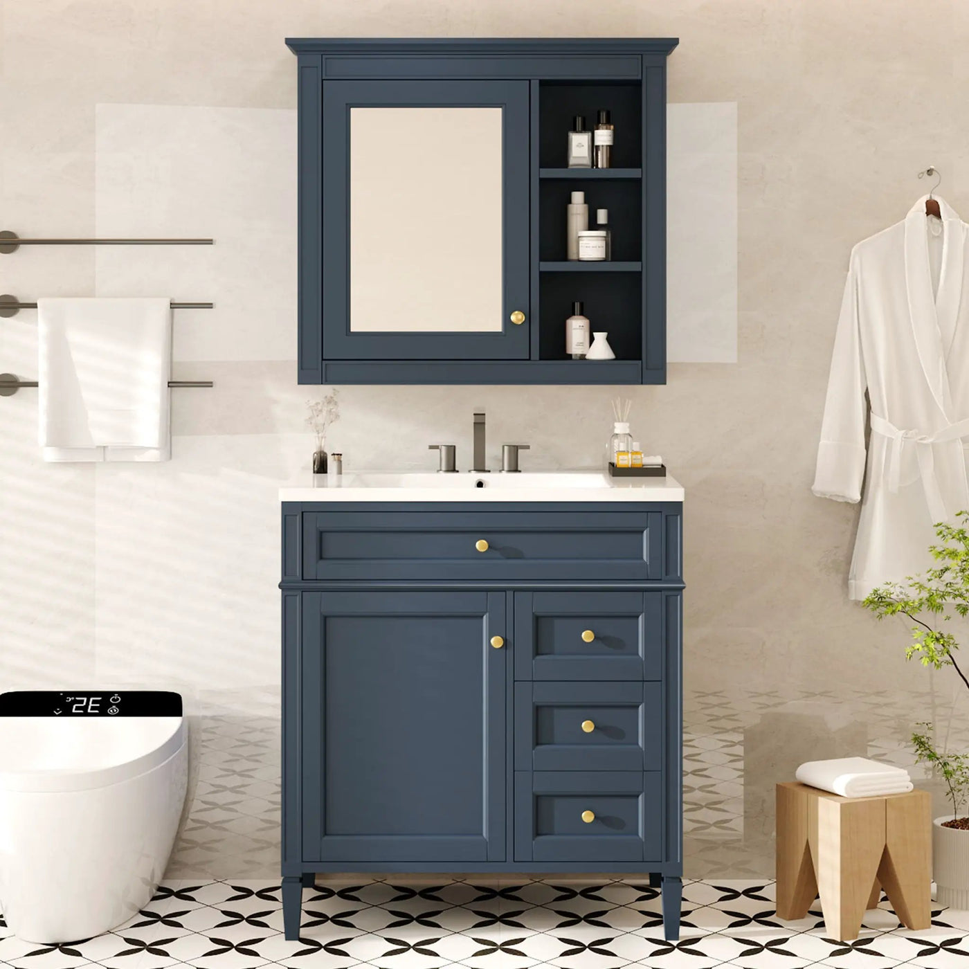 Bathroom Vanity With Top Sink, 2 Doors And 3 Drawers, Freestanding Set With Mirror Cabinet by Unique Piece Furniture