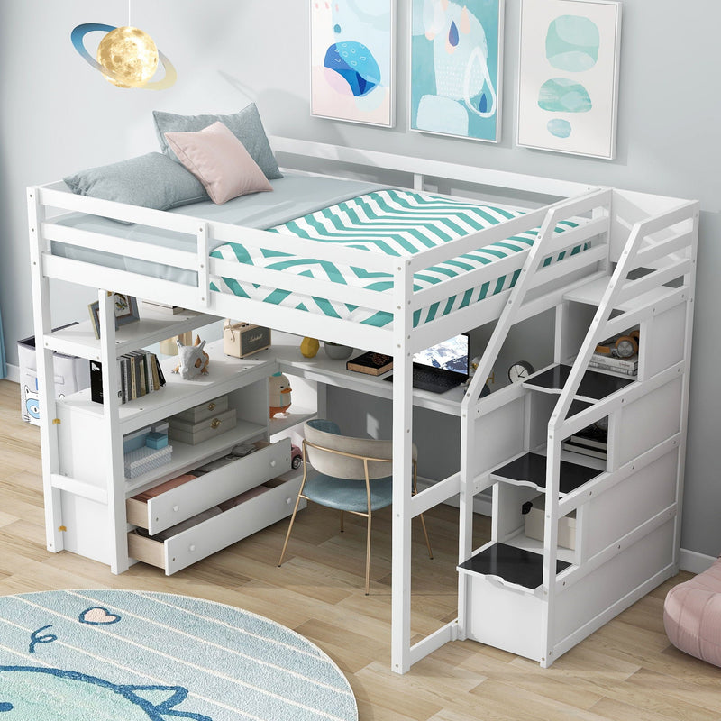 Loft Bed With Desk, Shelves, 2 Drawers, Storage Staircase by HouseOfZazla