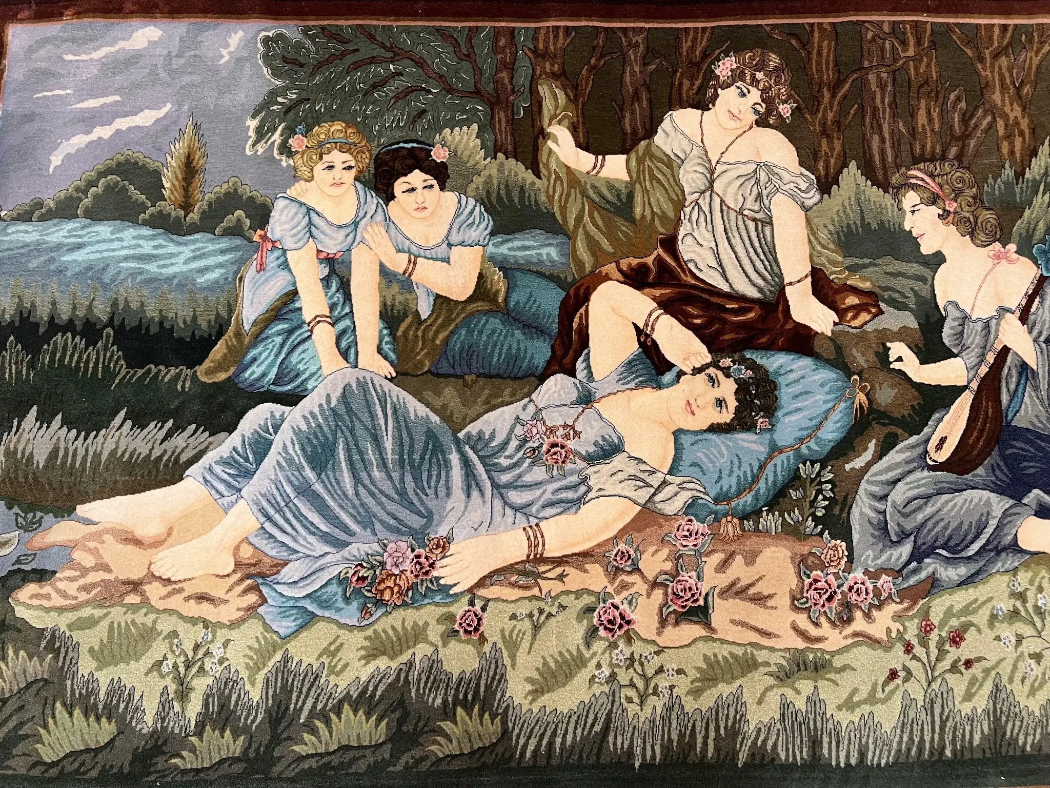 Persian Tabriz Pictorial Rug 5x3, Women Laying By River, Super Fine 60 Raj 480+ KPSI, Hand Knotted Wool Rug, Semi Antique Vintage Oriental Carpet by Jewel Rugs