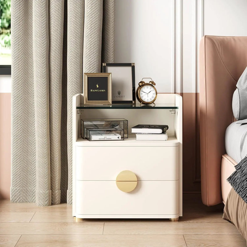 2 Drawer Nightstand With Open Shelf, Bedside Table - Beige by HouseOfZazla