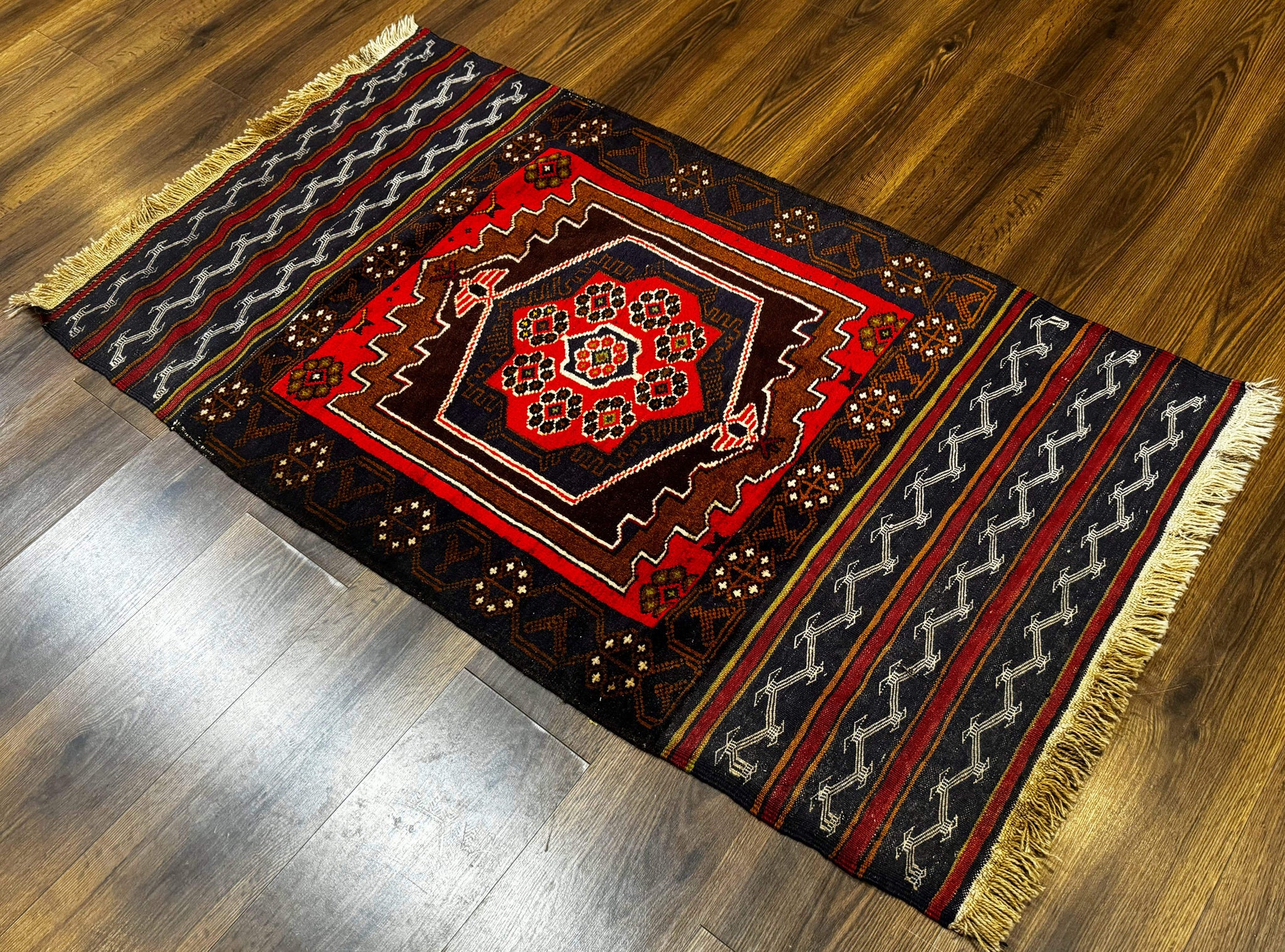 Afghan Rug 3x5, Tribal, Navy Blue, Wool, Handmade, Geometric, Rustic by Jewel Rugs