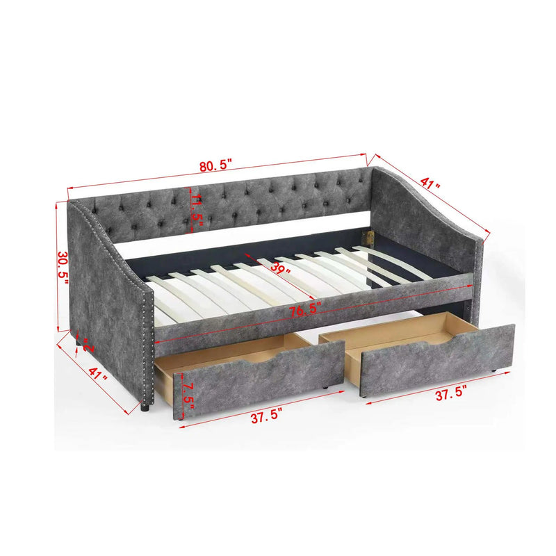 Upholstered Tufted Daybed With 2 Drawers, Waved Arms by Unique Piece Furniture