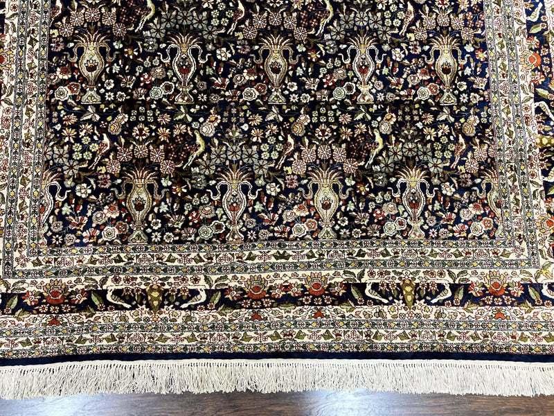 Silk Indian Kashmiri Rug 5x7, Navy Blue Indo Persian Silk Carpet 5 x 7 ft, Hand Knotted Handmade Very Fine Oriental Carpet, 450 KPSI, Birds by Jewel Rugs