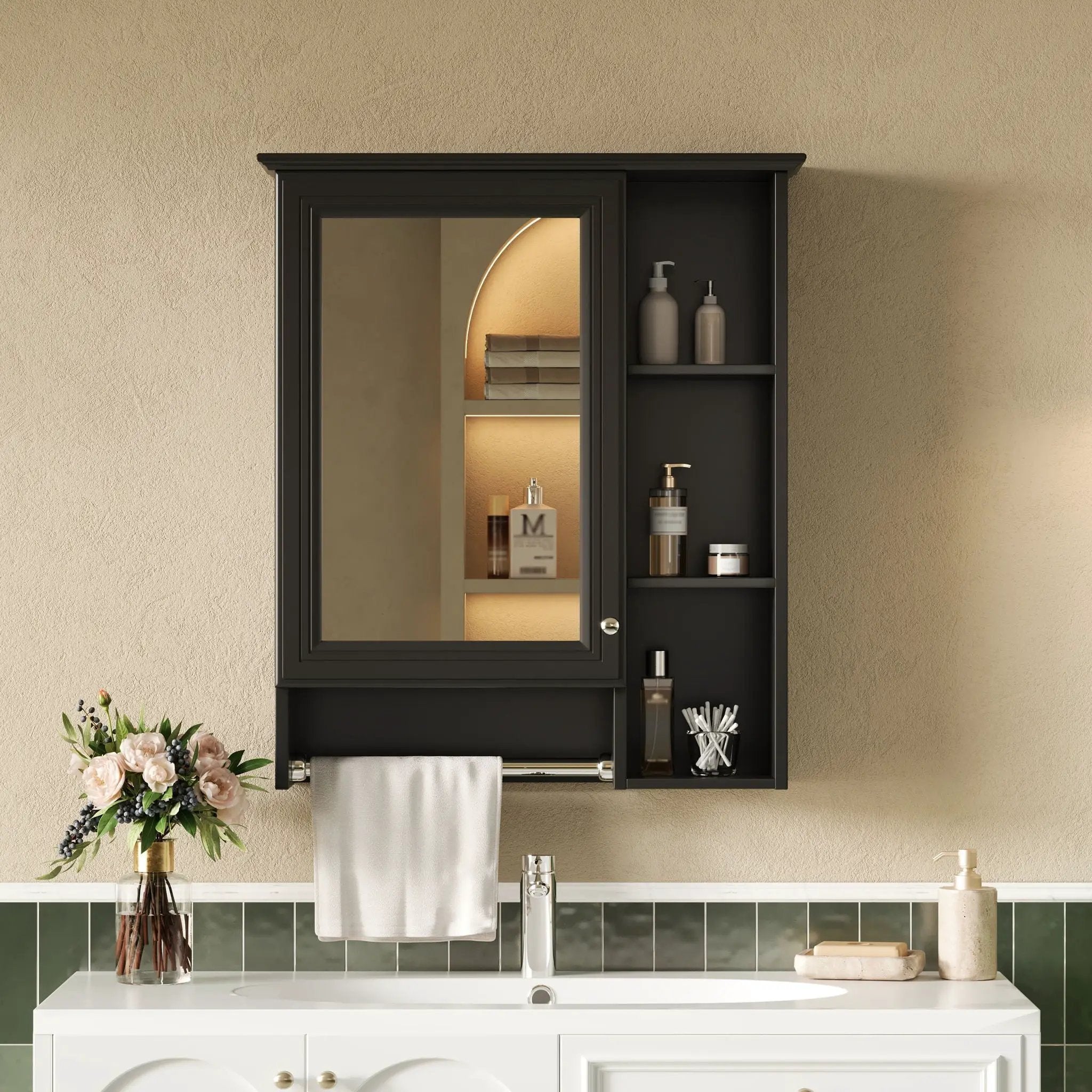 Modern 3 In 1 Bathroom Mirror Cabinet With Adjustable Shelf & Towel Bar by Unique Piece Furniture