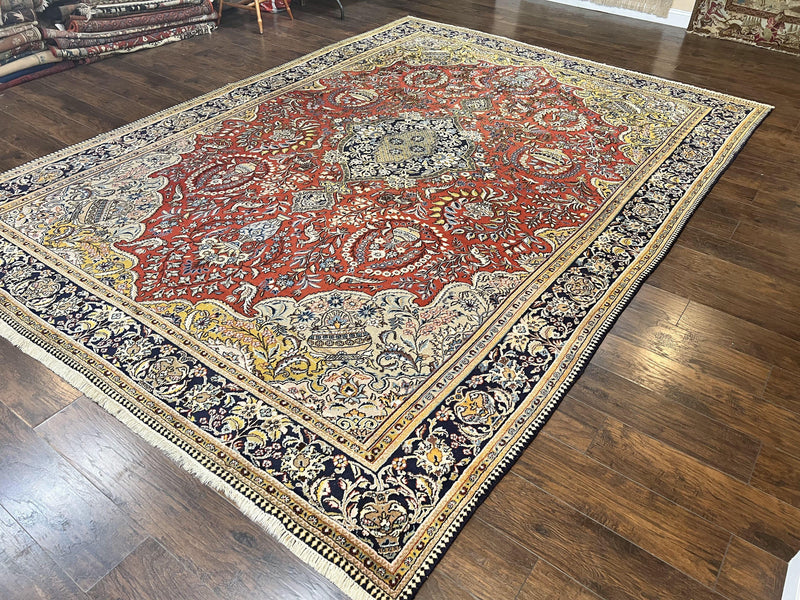 Wonderful Persian Qum Rug 10x14, Wool w/ Silk Highlights, Hand Knotted Semi Antique Vintage Carpet, Red, Floral, Fine Weave, Birds Deer Pictorials by Jewel Rugs