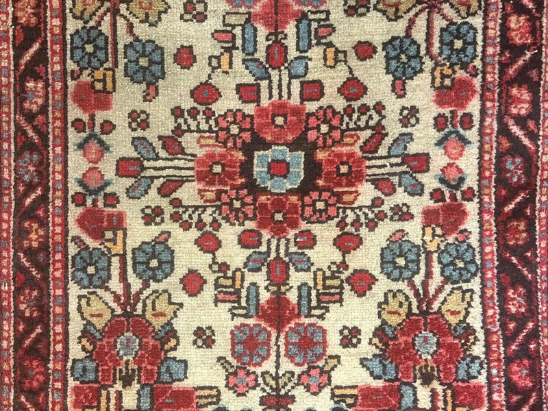 Small Antique Persian Rug 2x3, Beige and Red, Floral, Wool, Hamadan Rug by Jewel Rugs