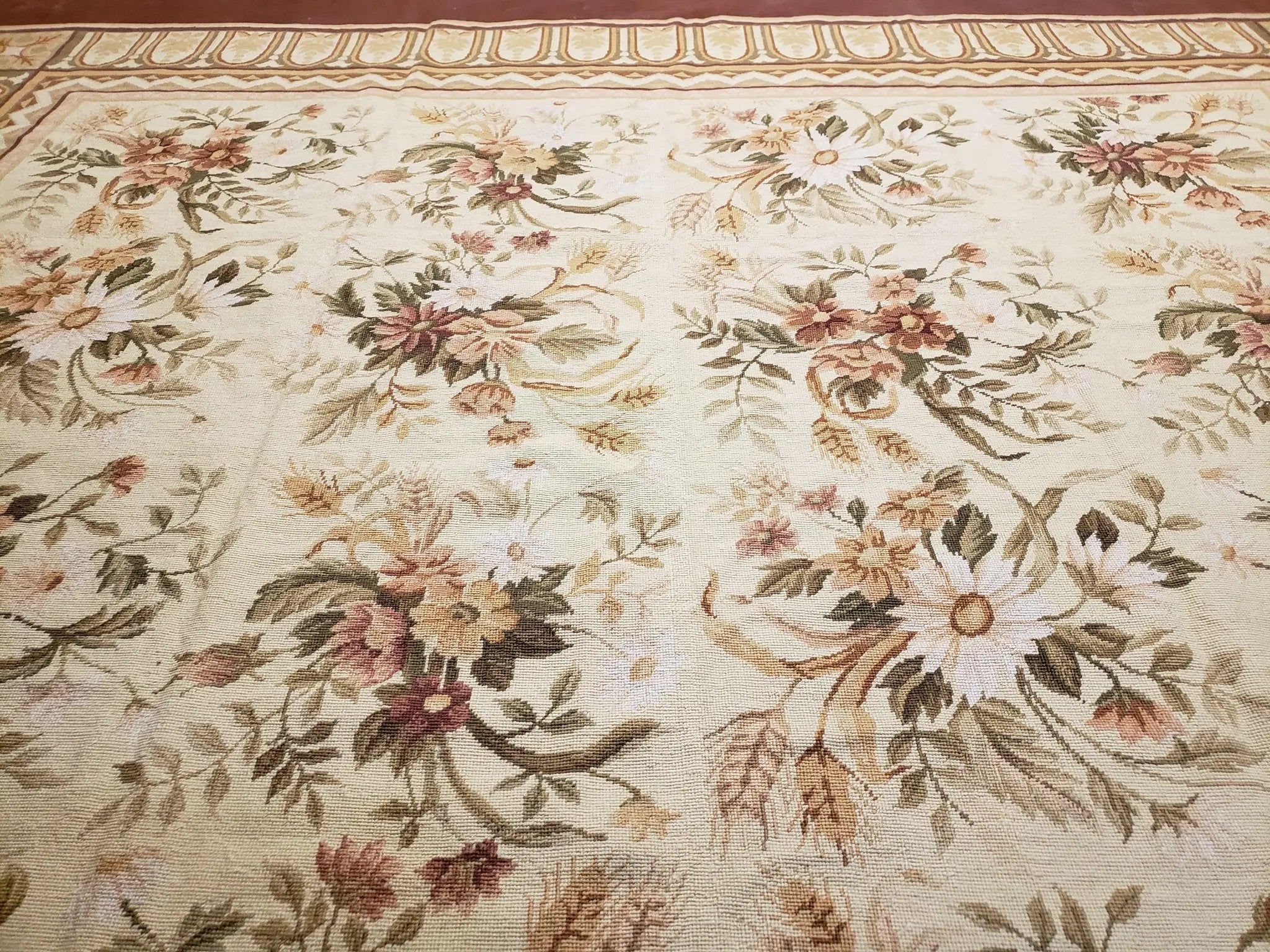 Needlepoint Rug 8x10 Aubusson Rug Victorian Floral Rug Handmade French Style French Decor Garden Panel Beige 8 x 10 Area Rug 100% Wool by Jewel Rugs