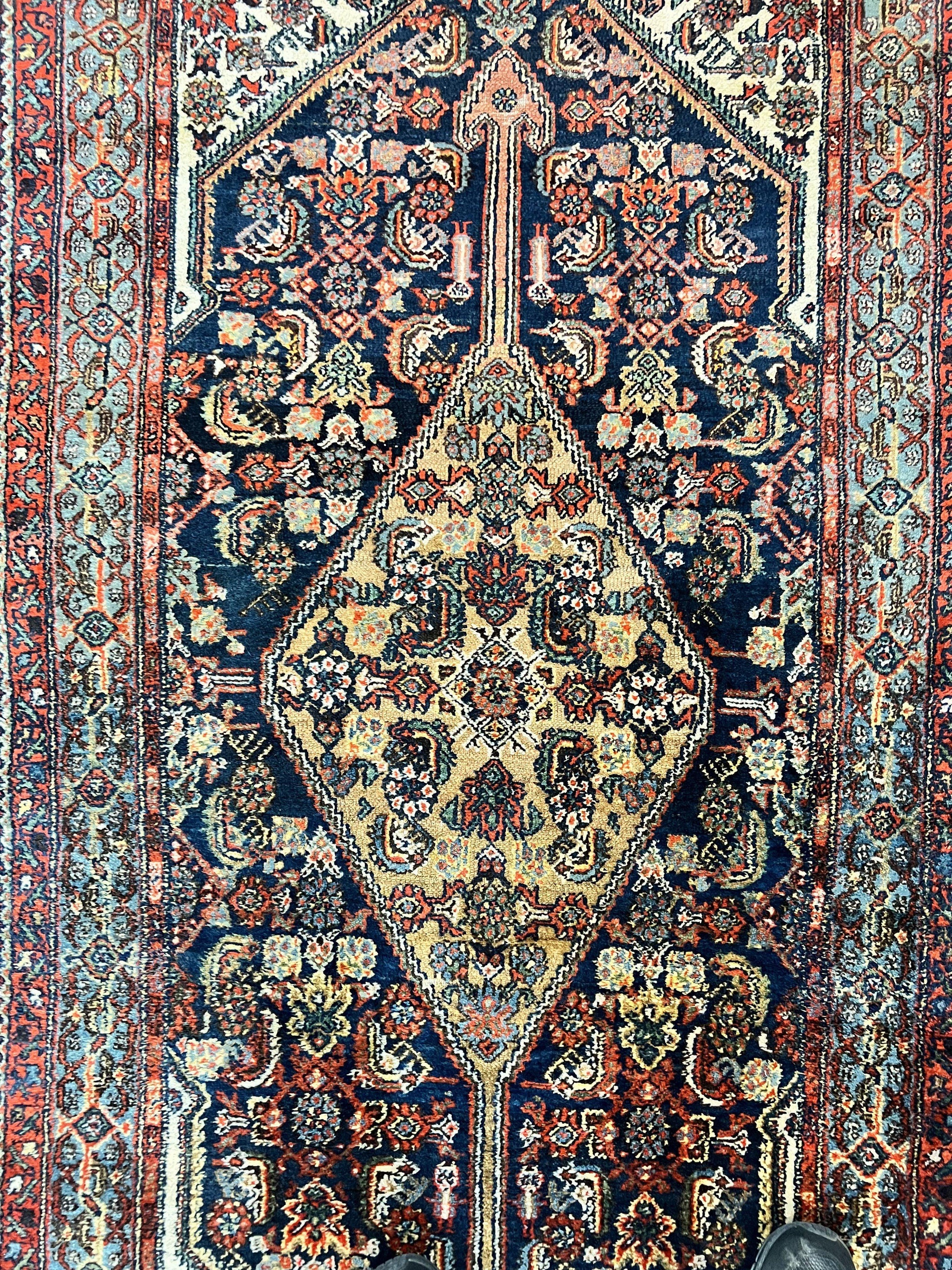 Antique Persian Runner Rug 3.7 x 15.8, Navy Blue Multicolor, Hand Knotted Handmade Wool Rug for Hallway, Geometric Medallions, Persian Hamadan Rug by Jewel Rugs