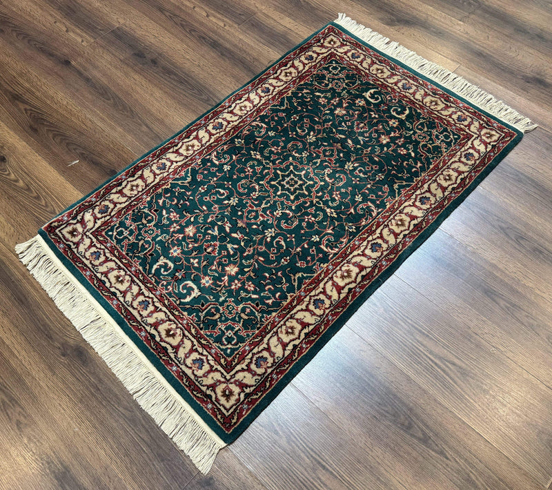 Dark Green Indo Persian Rug 2.5 x 4, Hand Knotted Wool Small Oriental Carpet by Jewel Rugs