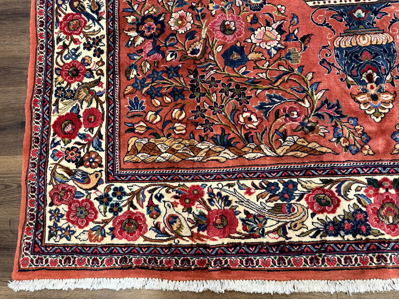 Persian Sarouk Rug 7x10, Red and Ivory, Floral Bouquets, Birds by Jewel Rugs