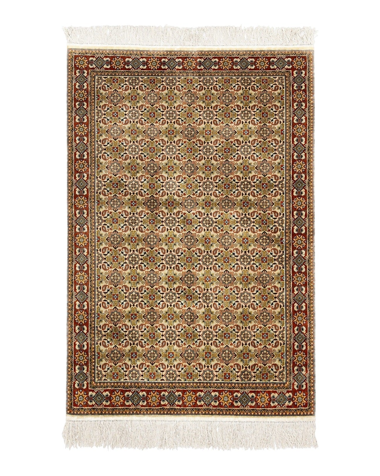 Turkish Kayseri Silk Rug 4x6, Hand Knotted Handmade Vintage Allover Pattern, Fine Silk Oriental Carpet 4 x 6 ft, Traditional Rug, Cream by Jewel Rugs