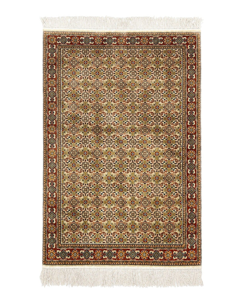 Turkish Kayseri Silk Rug 4x6, Hand Knotted Handmade Vintage Allover Pattern, Fine Silk Oriental Carpet 4 x 6 ft, Traditional Rug, Cream by Jewel Rugs