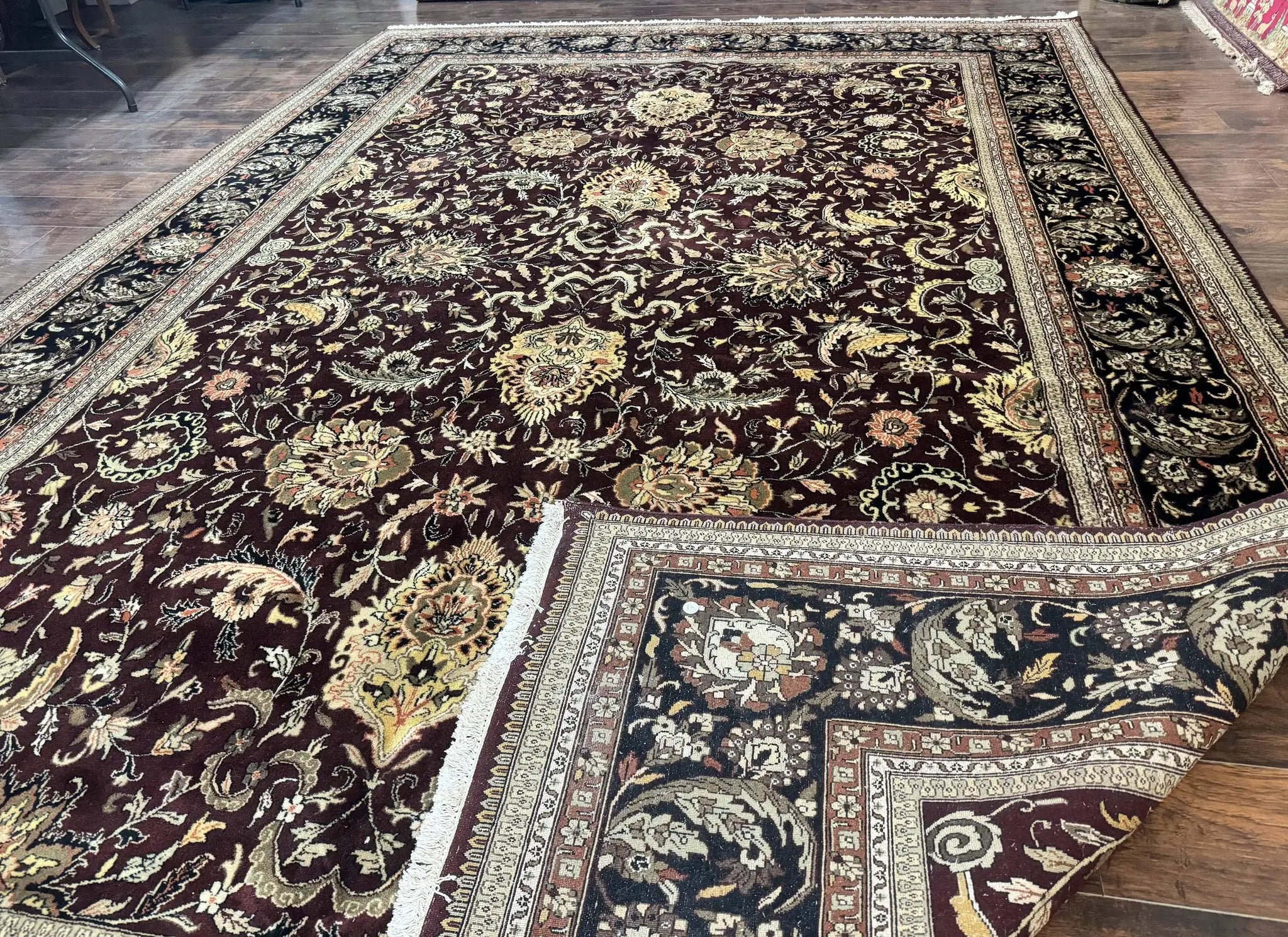 Indo Persian Rug 10x14, Floral Allover, Handmade Vintage Wool Rug, Dark Maroon/Plum and Black by Jewel Rugs