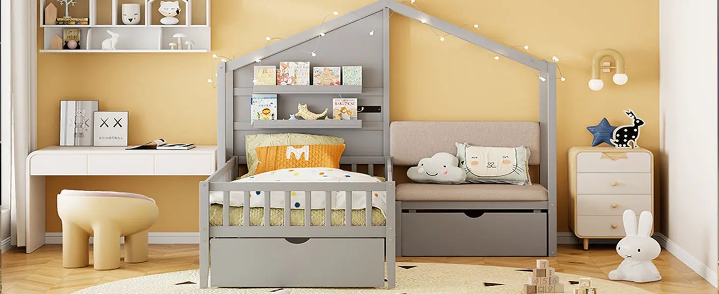 House Bed With Upholstered Sofa, Wireless Charging Station, Shelves And 2 Drawers