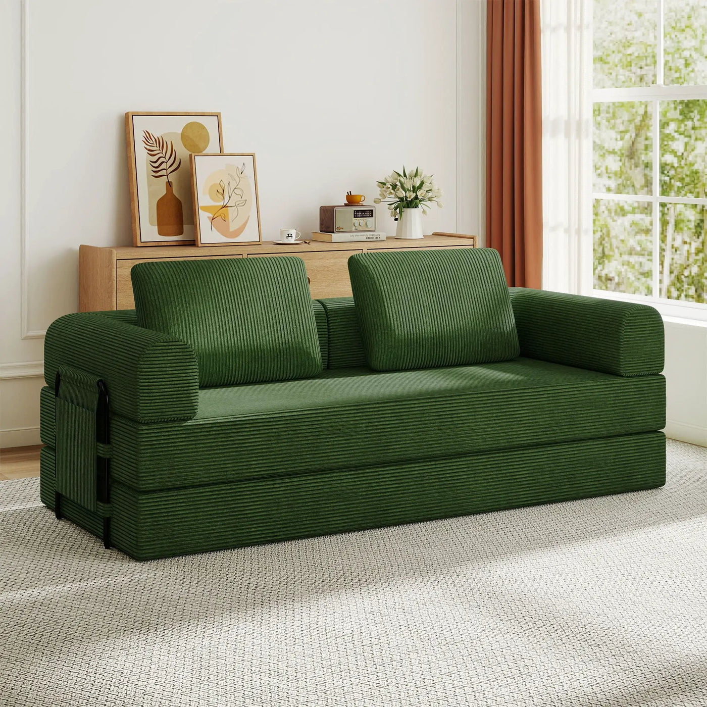 Convertible Sleeper Sofa Bed With Cylindrical Pillow, Fixed Shape Frame by Unique Piece Furniture