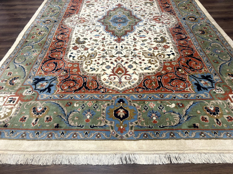 Indo Persian Rug 9x12, Ivory Red Green, Traditional Oriental Carpet by Jewel Rugs