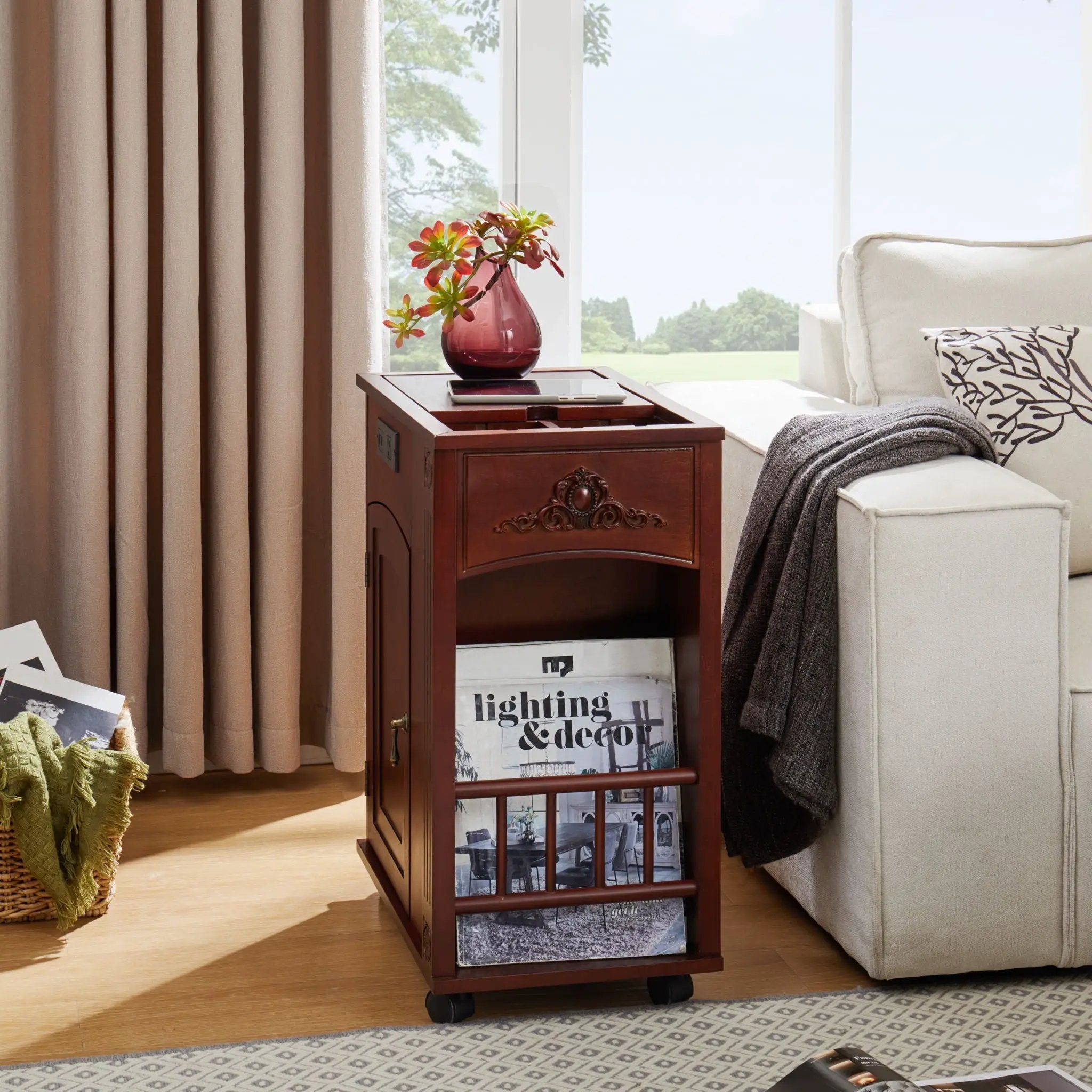 Traditional End Table With Charging Station, Narrow Side Table With USB Ports And Outlets - Red Walnut by Unique Piece Furniture