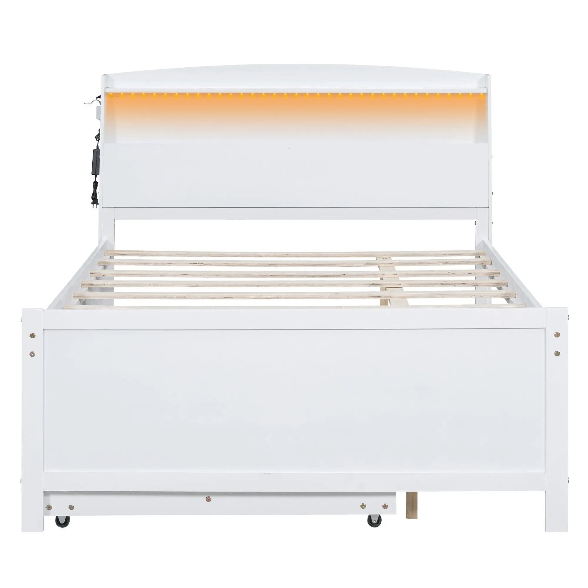 Full Size Platform Bed With Storage LED Headboard, Twin Trundle And 3 Drawers - White by Unique Piece Furniture