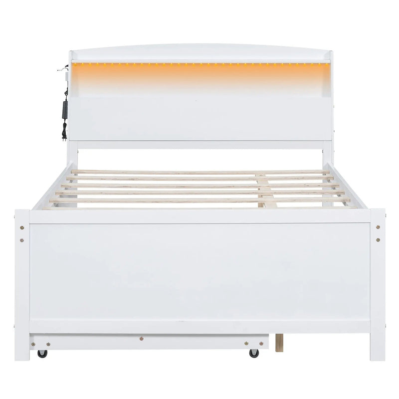 Full Size Platform Bed With Storage LED Headboard, Twin Trundle And 3 Drawers - White by HouseOfZazla
