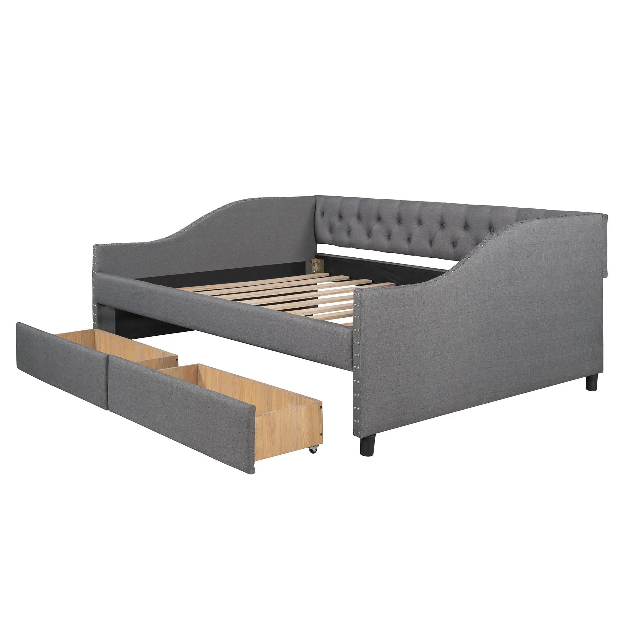 Upholstered Daybed With Two Drawers, Wood Slat Support by HouseOfZazla