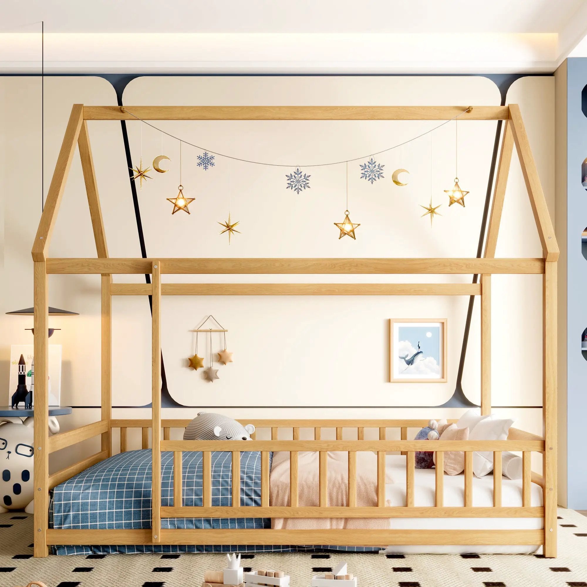 Full Size Floor Wooden Bed with House Roof Frame by HouseOfZazla