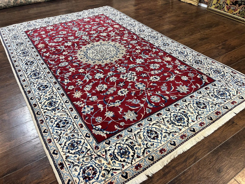 Persian Nain Rug 6x10, Wool and Silk Highlights, Red and Ivory, Floral Medallion, Vintage Handmade Hand Knotted, Fine 225 KPSI, Traditional Rug by Jewel Rugs