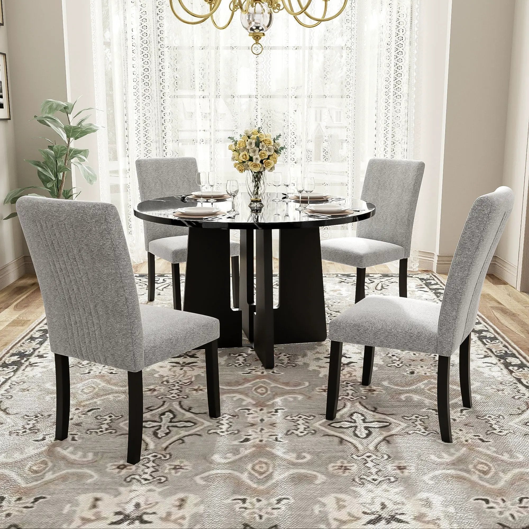 5 Piece Round Dining Table Set, Modern Table And 4 Upholstered Chairs For Dining Room