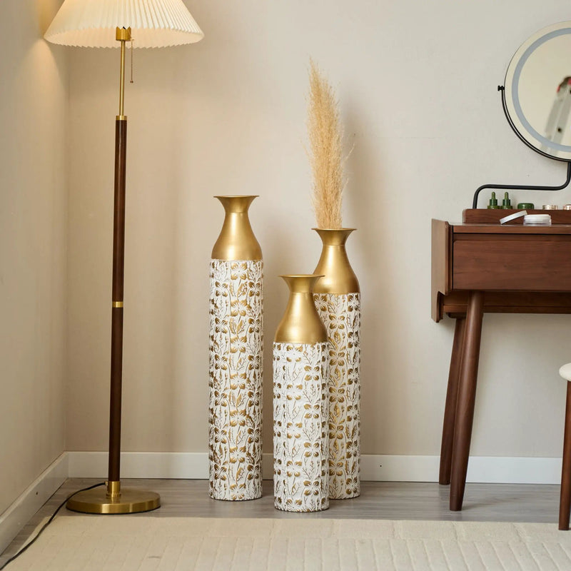Mother's Day Gift Set Gilded White 3D Relief Flower Metal Vase Set - White / Gold by HouseOfZazla