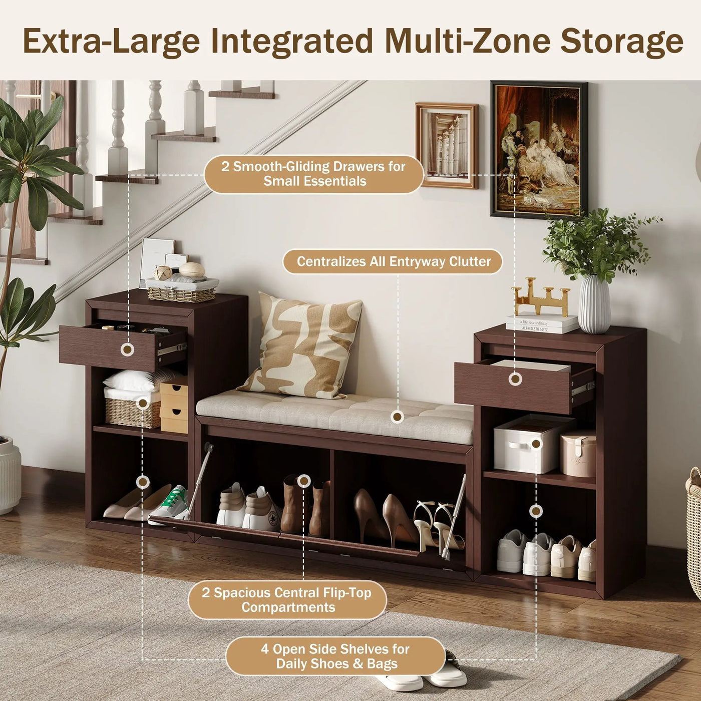 Entryway Storage Bench With Cushion, Drawers & Open Shelves by Unique Piece Furniture
