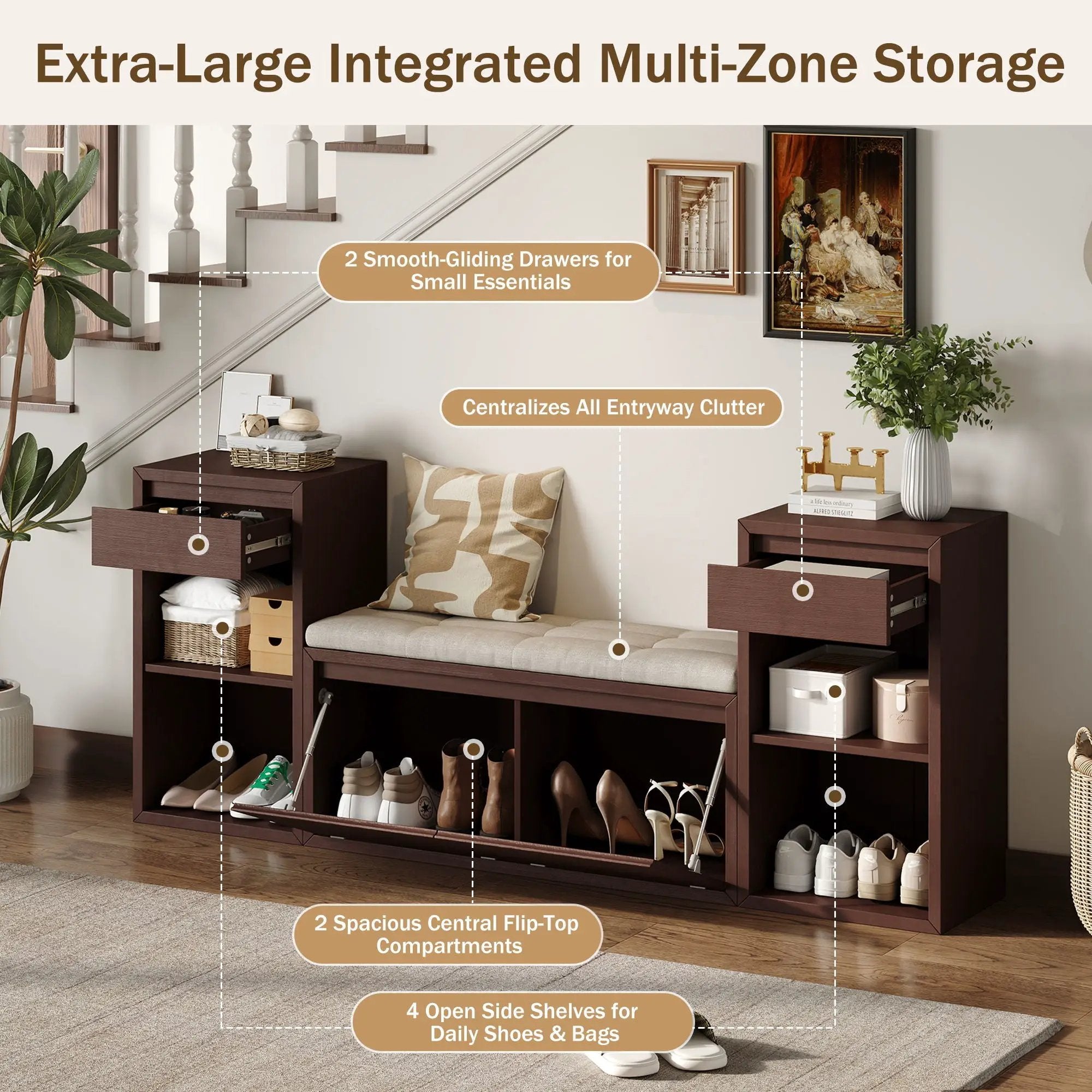 Entryway Storage Bench With Cushion, Drawers & Open Shelves by Unique Piece Furniture