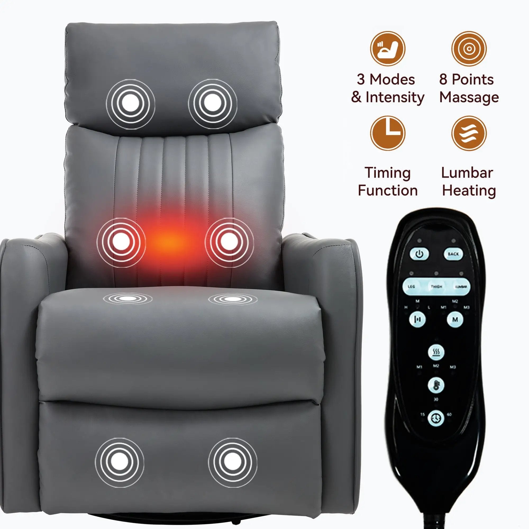 Grey Faux Leather Heat Massage Manual Recliner Chair with Rocker and Swivel by HouseOfZazla