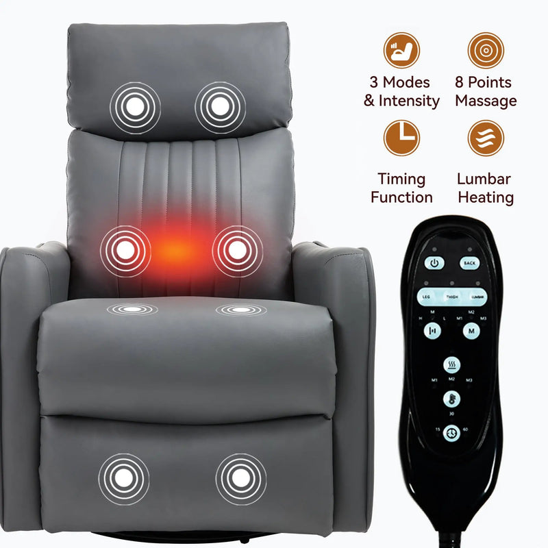 Grey Faux Leather Heat Massage Manual Recliner Chair with Rocker and Swivel by HouseOfZazla