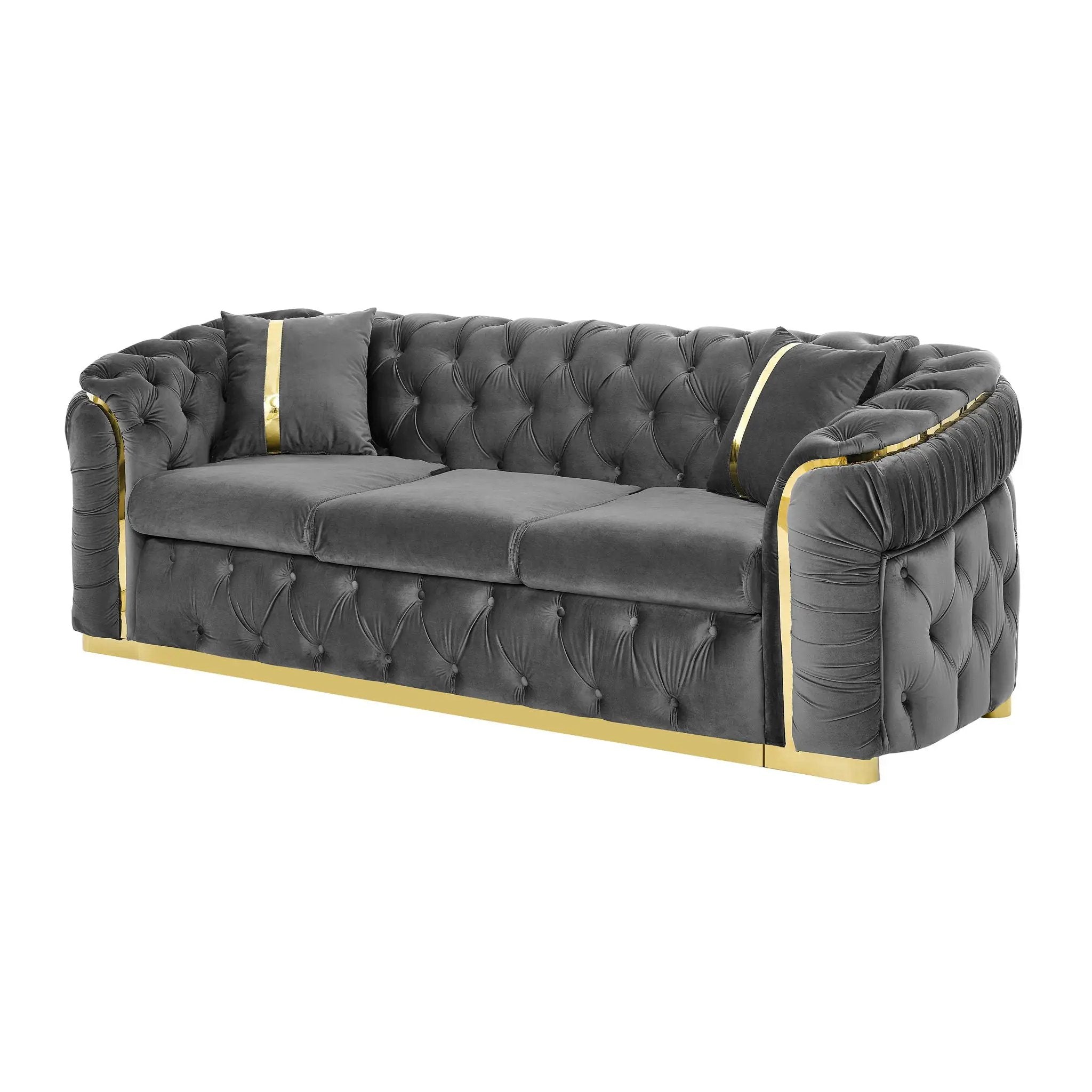 Button Tufted Couch With 2 Pillows, 3 Seater Luxury Chesterfield Sofa by Unique Piece Furniture