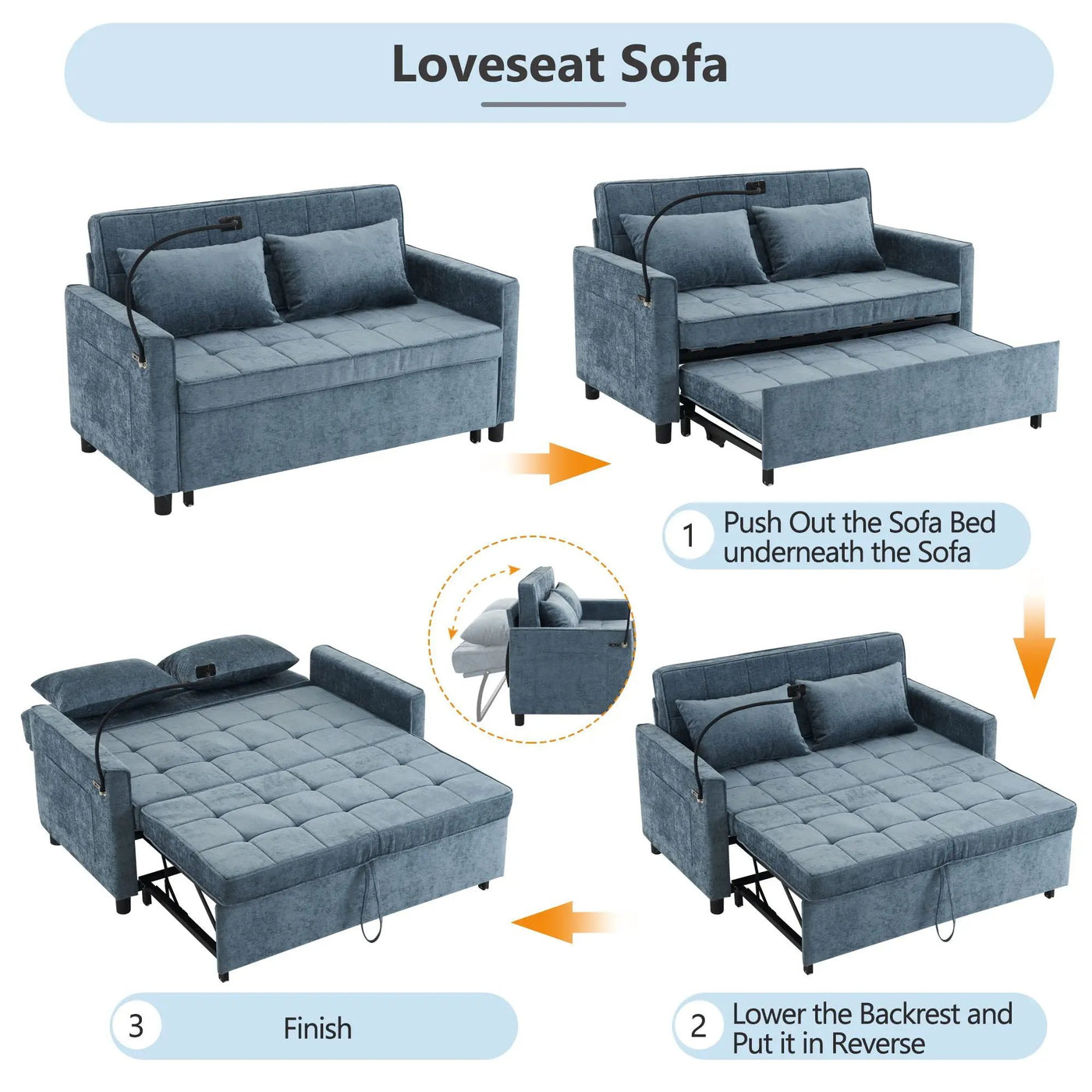 Pull-Out Sleeper Sofa With Reversible Backrest Cushion, Side Pockets, 2 USB Ports And A Phone Holder For Living Room by Unique Piece Furniture