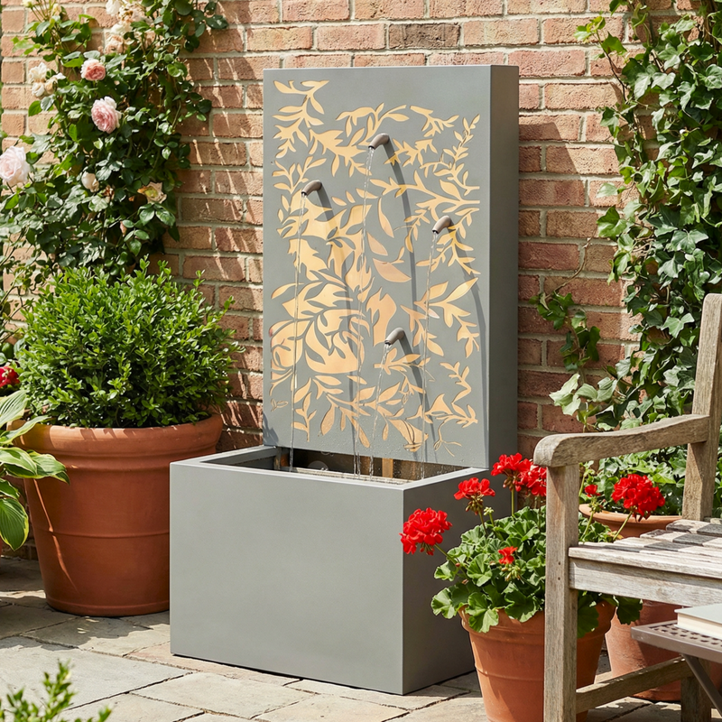 30.71' Light Gray Metal Leaf Cutout Outdoor Water Wall Fountain with LED Lights by HouseOfZazla
