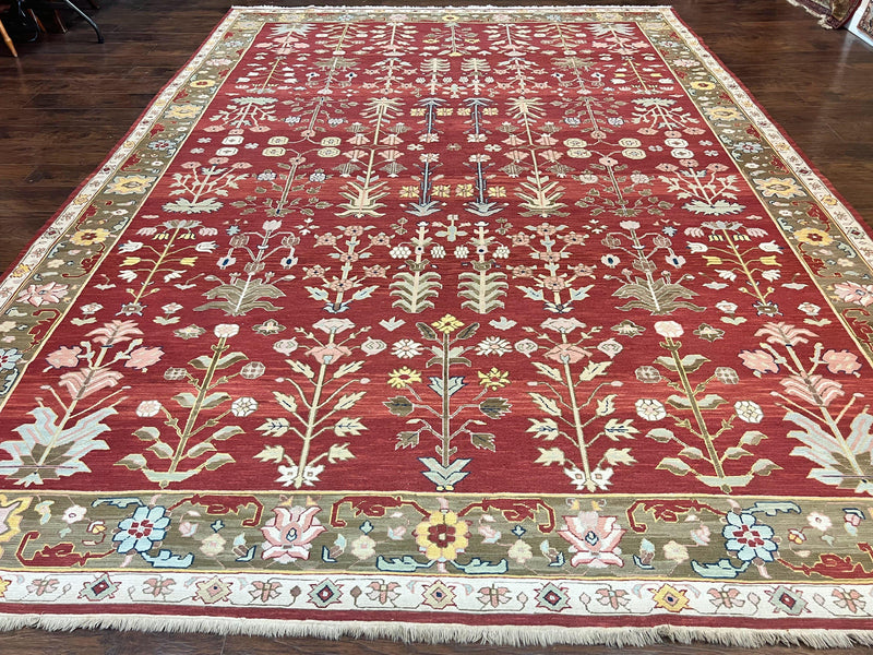 Indian Rug 10x14, Wool Hand Knotted Flatweave Carpet, Tree of Life, Red and Green by Jewel Rugs