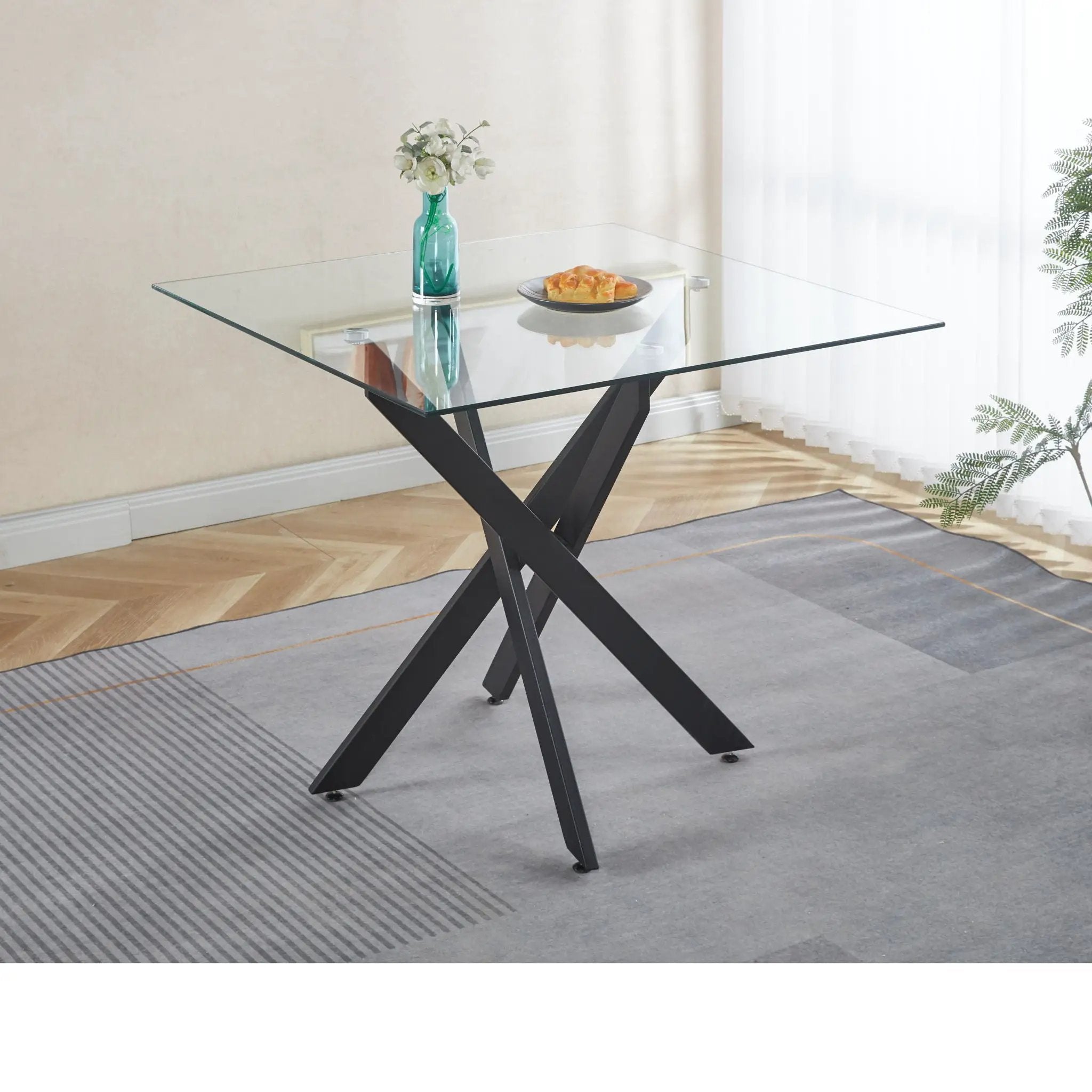 Dining Table With Cross Metal Leg And Tempered Glass, Modern Space Saving Kitchen Table For Living Room Legs, Square Table by Unique Piece Furniture