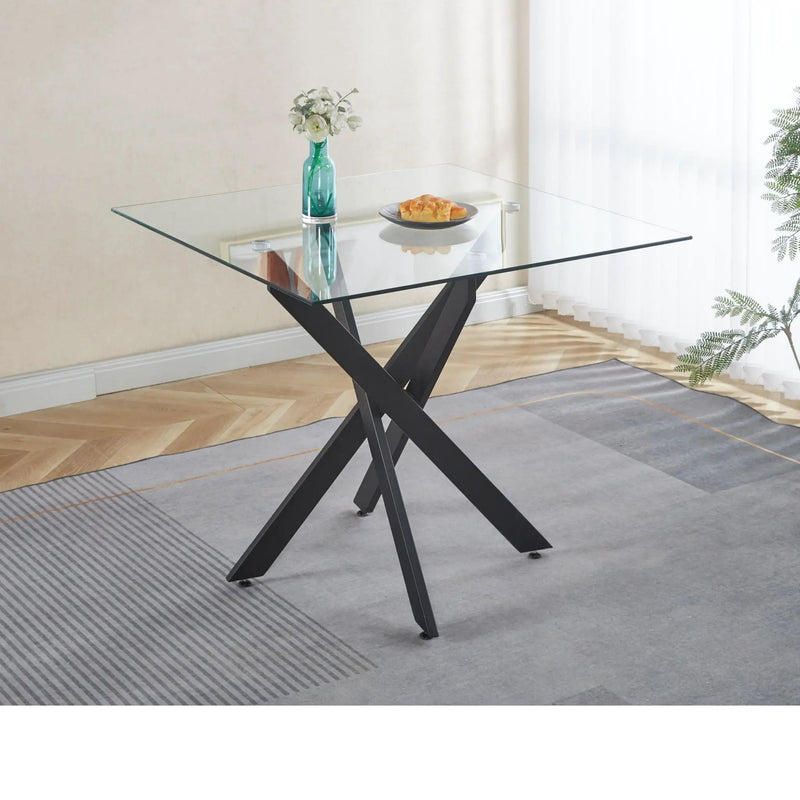 Dining Table With Cross Metal Leg And Tempered Glass, Modern Space Saving Kitchen Table For Living Room Legs, Square Table by HouseOfZazla
