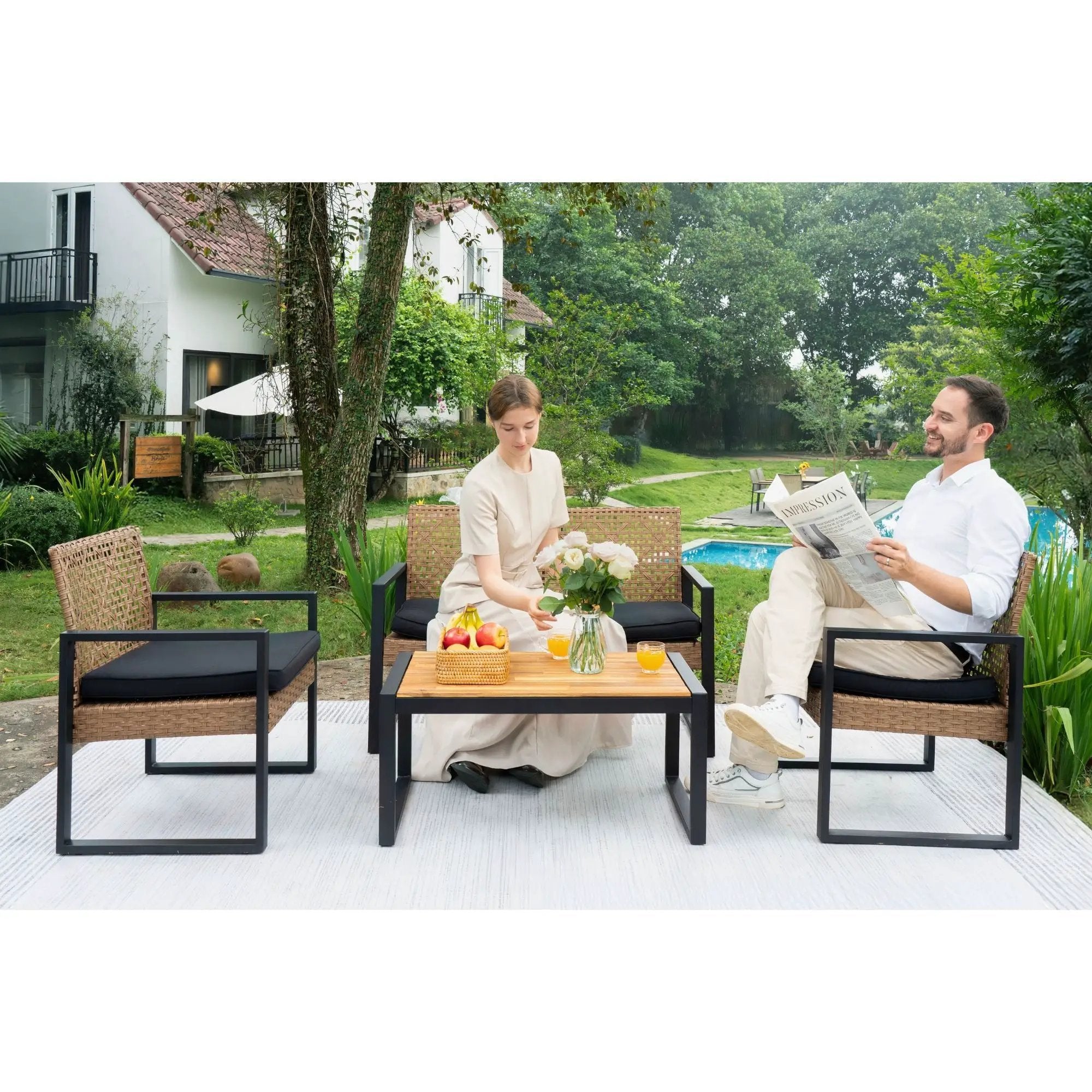 4 Piece Patio Furniture Set With Acacia Wood Table Top And Cushions by HouseOfZazla