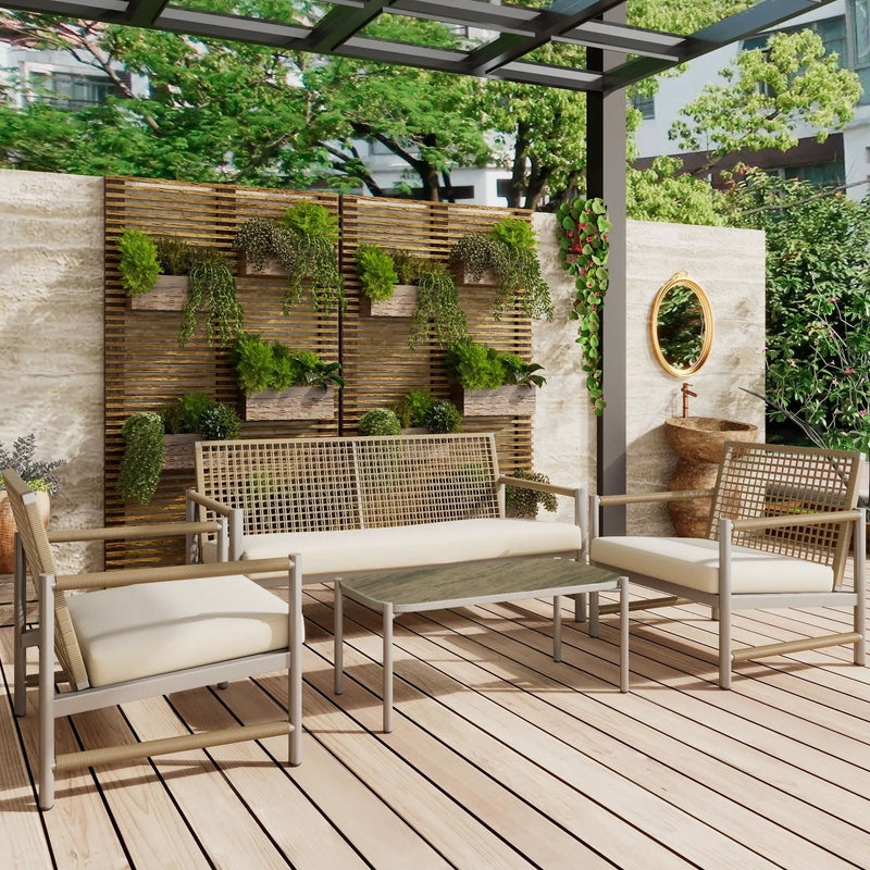 4 Pieces Patio Furniture Set, PE Rattan Wicker With Washable Cushion And Tempered Glass Tabletop, Conversation Furniture For Garden Poolside Balcony by HouseOfZazla