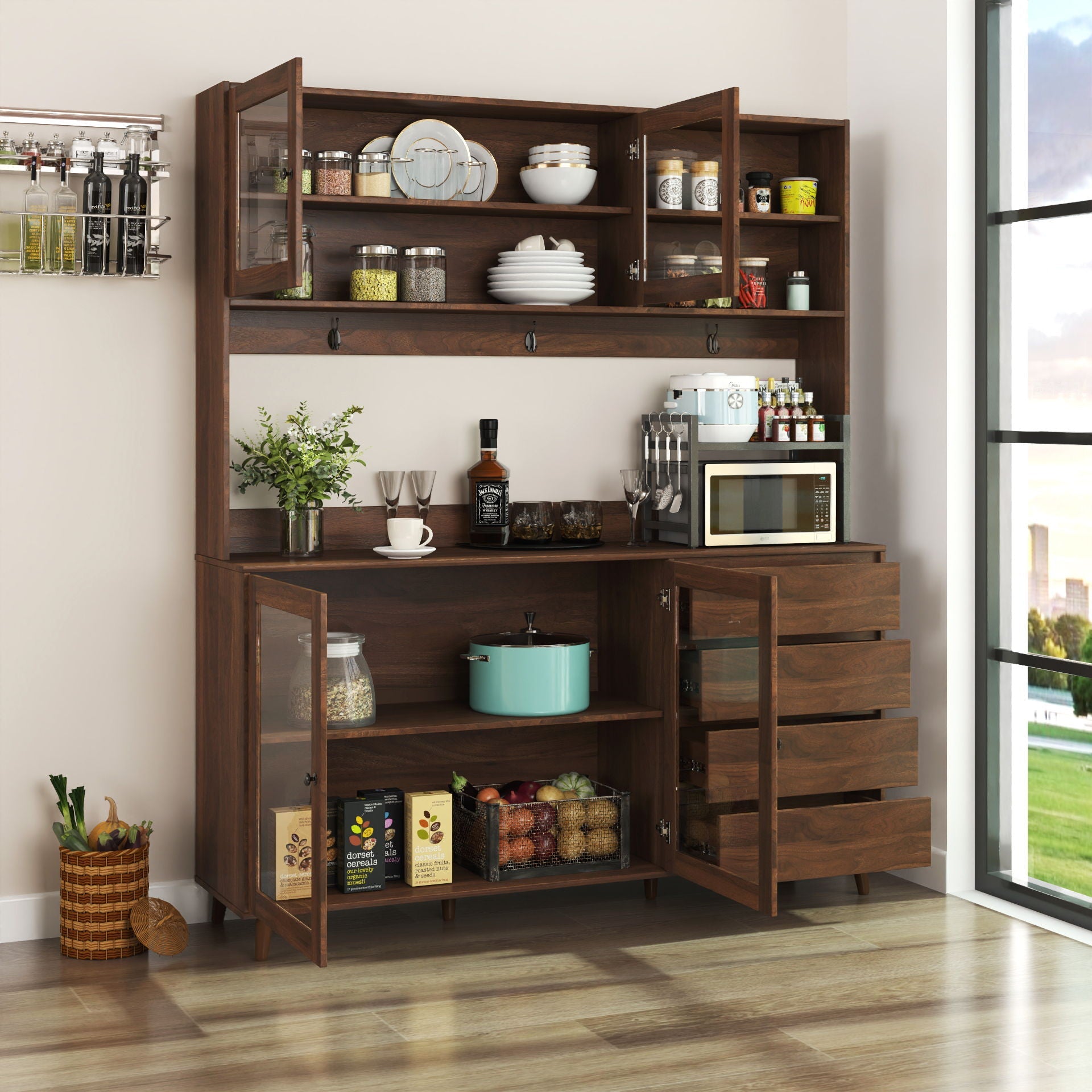 Large Kitchen Hutch Cabinet, Storage Kitchen Cupboard With 4 Doors, 4 Drawers & Microwave Shelf - Walnut by HouseOfZazla