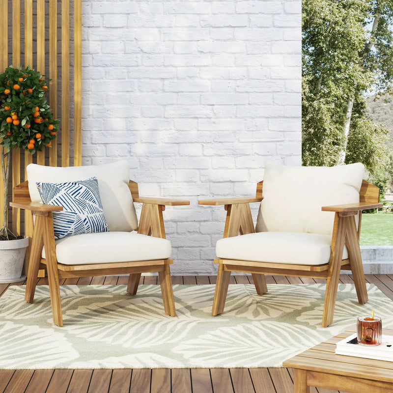 Outdoor Acacia Wood Club Chairs With Cushions (Set of 2) - Teak / Beige by HouseOfZazla