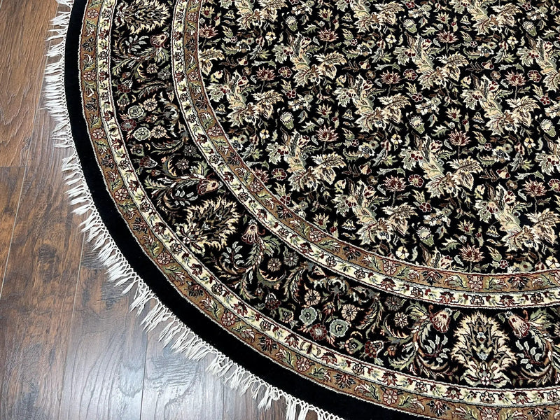 Round Oriental Rug 8x8 ft, William Morris Floral Pattern Carpet, 8 x 8 ft Round Rug, Black Cream and Tan 8ft Round Handmade Indo Persian Rug by Jewel Rugs