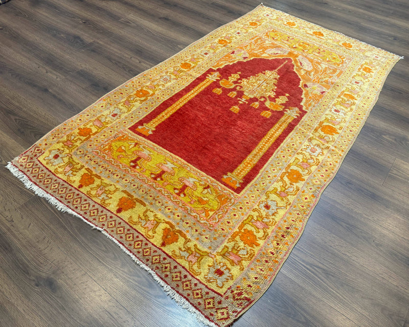 Antique Turkish Prayer Rug 4x6, Red and Golden Mustard, Mihrab Design, Anatolian Carpet by Jewel Rugs