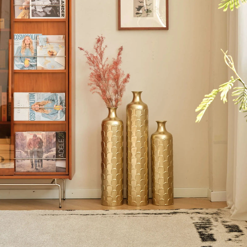 Floor Metal Vases Decorated White Metal Vases (Set of 3) Gorgeous Home Decoration Large Glazed Metal Vases - Golden by HouseOfZazla