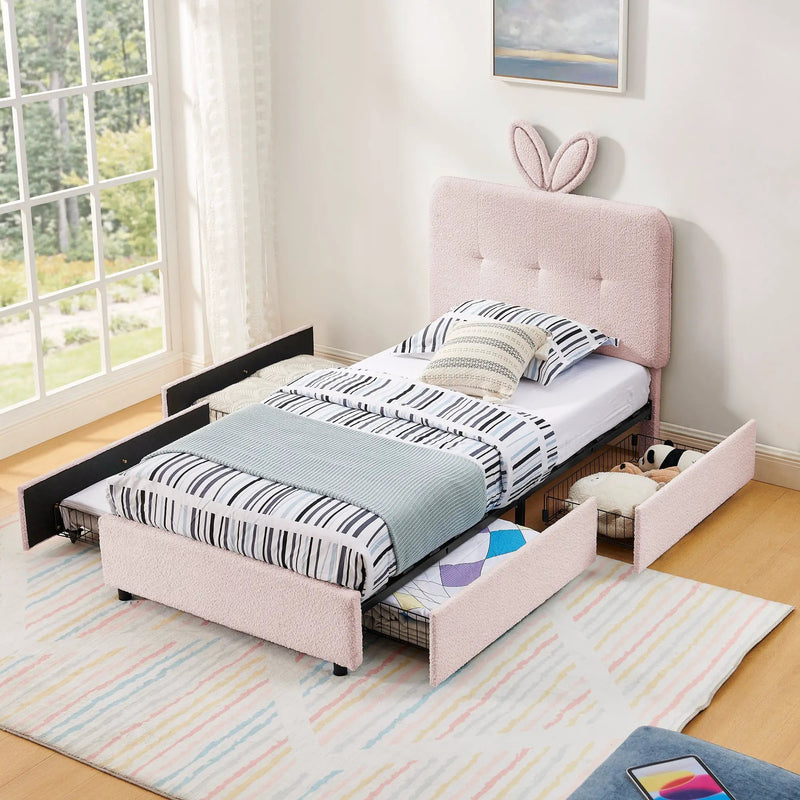 Twin Size Kids Upholstered Bed with Oversized Rabbit Ear Headboard by HouseOfZazla