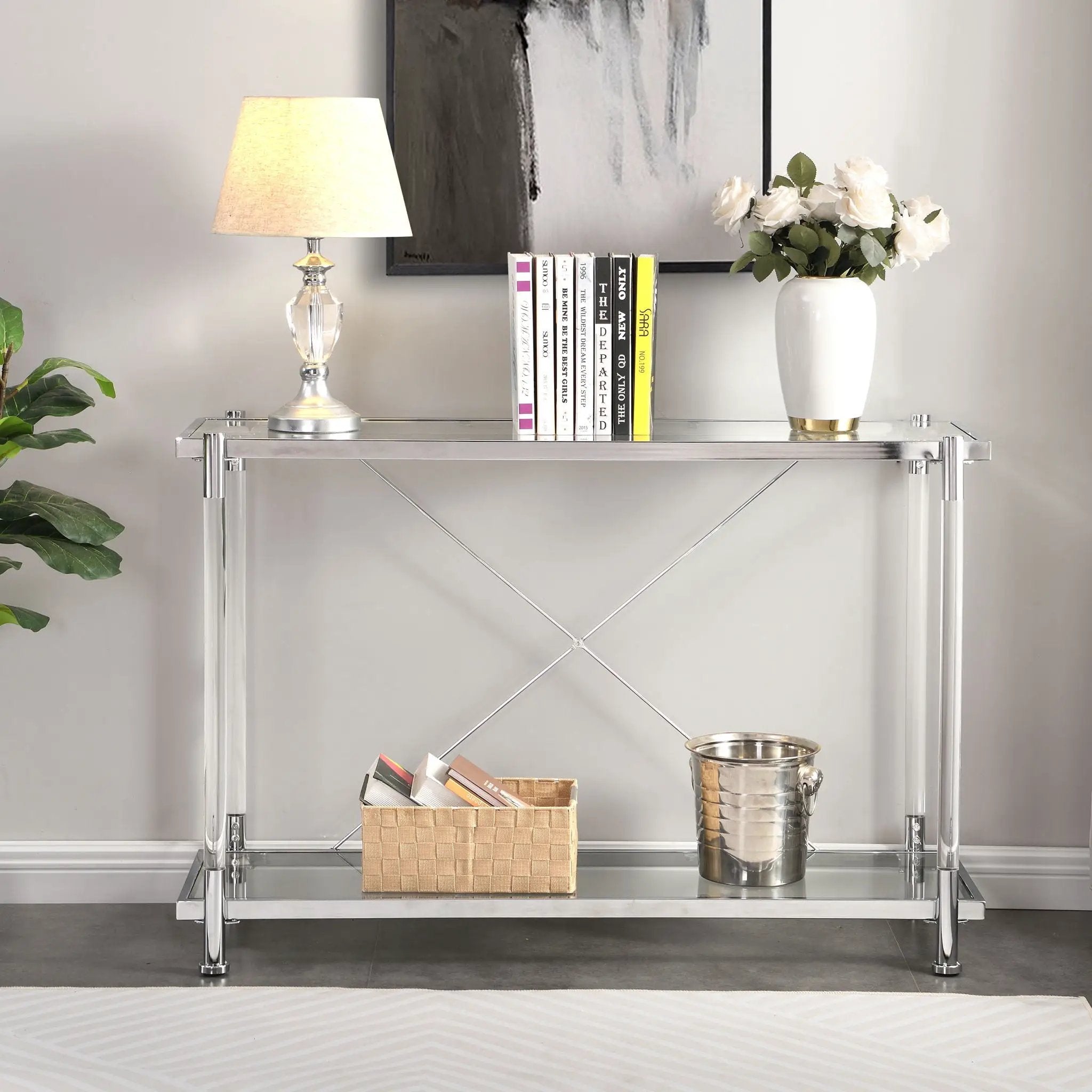 Chrome Glass Sofa Table, Acrylic Side Table, Console Table For Living Room & Bedroom - Chrome by HouseOfZazla