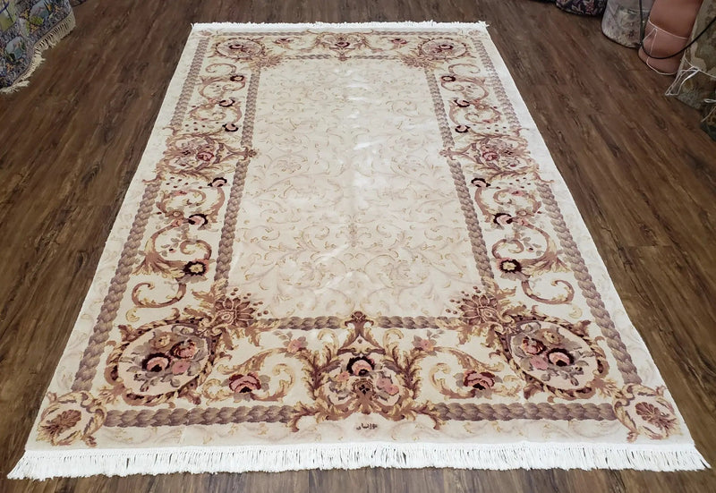 Vintage Ivory Chinese Aubusson Area Rug 6x9, Wool & Silk, Hand-Knotted 120 Line Fine Rug, European Design Carpet, 6 x 9 Master Signature Rug by Jewel Rugs
